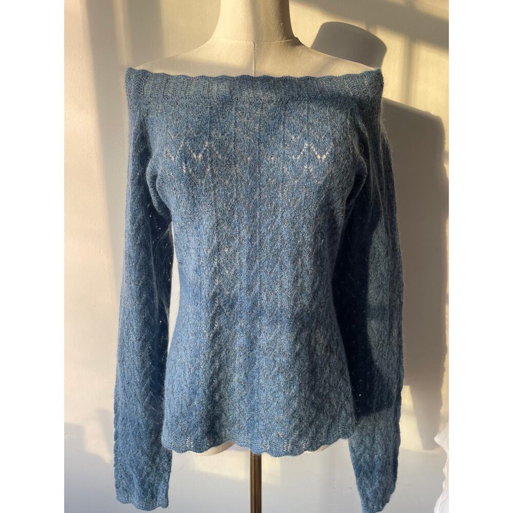 Vintage Together! Mohair Blend Sweater Blue Off the Shoulder Ribbed Knit 90s
